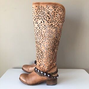 Felmini Vntg Tan laser cut Leather metallic gold studded wrap strap Boho Boot 36